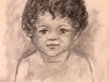 drawing of a child ' s face in a black and white photo