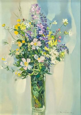 a painting of a vase filled with flowers on a table