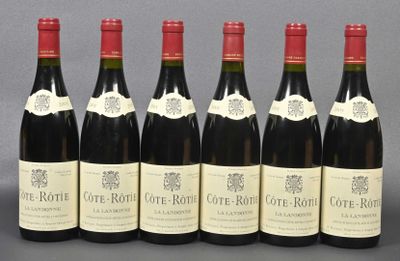 six bottles of wine are lined up on a table