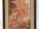 a painting of a house in a wooded area with trees and bushes