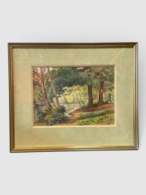 painting of a wooded scene with trees and a path in the foreground
