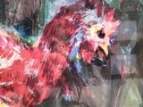 a painting of a rooster that is on a table