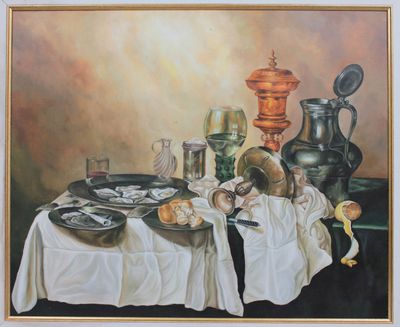a painting of a painting of a table with food and utensils on it