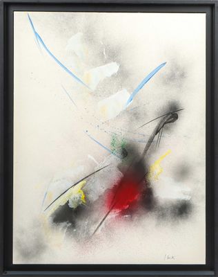 abstract painting of a red and yellow flower in a black frame