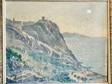 an image of a painting of a mountain and a body of water