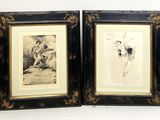 two framed drawings of a man and a woman on a horse
