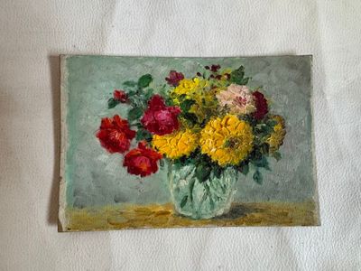 a painting of flowers in a vase on a table