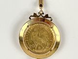 an image of a gold coin hanging from a chain on a white surface