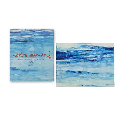 two paintings of blue and white watercolors with red writing on them
