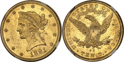 a gold coin with an eagle on it and a woman ' s head