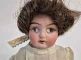 a close up of a doll wearing a dress and hair