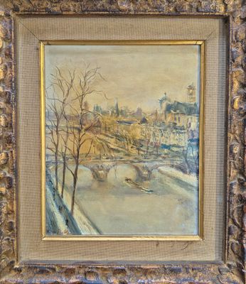 une peinture représentant une rivière avec un pont et des bâtiments en arrière-plan