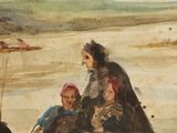 painting of a group of people sitting on a beach next to a body of water