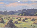 une peinture à l'huile représentant des meules de foin dans un champ, avec des arbres en arrière-plan