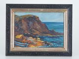 framed oil painting of a beach scene with a boat on the shore