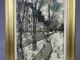 an image of a painting of a park bench in the snow
