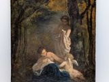 an old painting of two women in a wooded area with trees