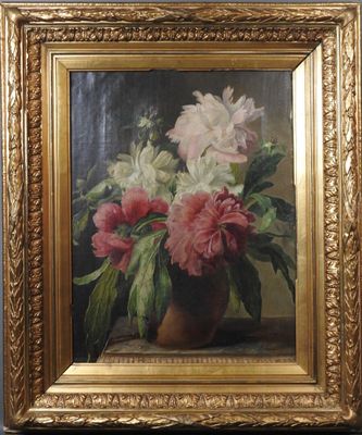 tableau représentant des fleurs roses et blanches dans un vase posé sur une table
