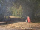 tableau représentant une femme et un enfant marchant sur un chemin de terre dans une zone boisée