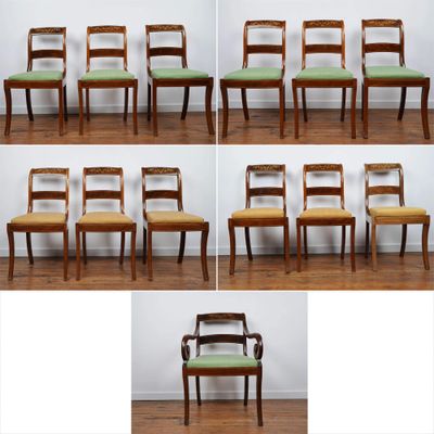 six images différentes d'un ensemble de six chaises aux assises rembourrées de couleur verte