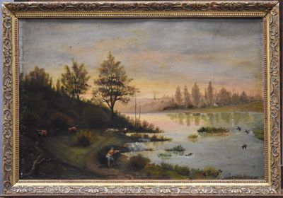 an image of a painting of a river with cows in the water