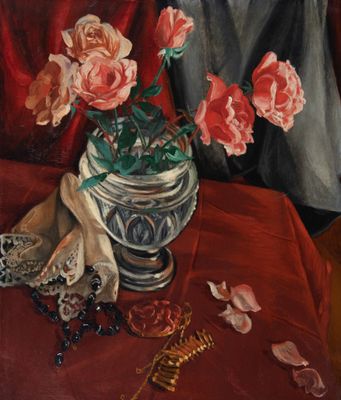 une peinture de fleurs dans un vase sur une table