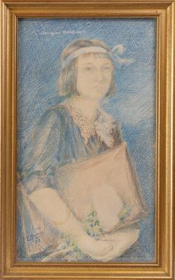 portrait of a woman with a basket of flowers in a gold frame