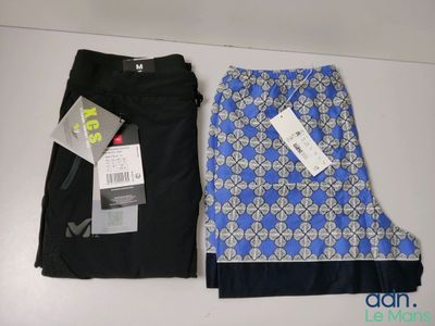 deux pantalons noirs ornés de motifs bleus et blancs