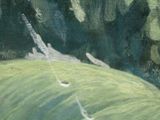 a painting of two birds flying over a green hill