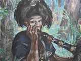 painting of a woman playing a flute in a forest