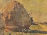 an image of a painting of a couple of hay bales in a field