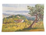 une peinture d'un paysage avec des arbres et une maison au loin