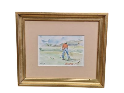 framed watercolor painting of a man playing golf on a golf course