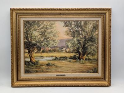a painting of a landscape with trees and a river