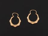 a pair of gold earrings on a black background