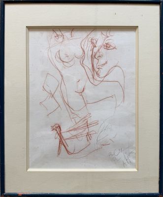 framed drawing of a man and a woman sitting on a bench