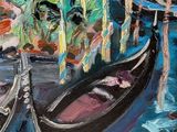 painting of gondolas in venice, italy, with colorful buildings in the background