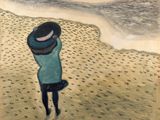 un tableau représentant une personne marchant sur la plage