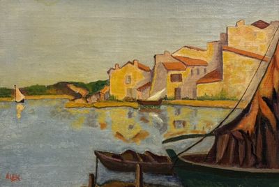 une peinture représentant un bateau sur un plan d'eau, avec des bâtiments en arrière-plan