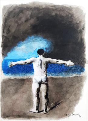 painting of a man standing on a beach with his arms outstretched