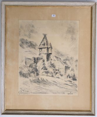 drawing of a church in a snowy landscape with a mountain in the background