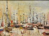 a painting of a harbor with many boats in it