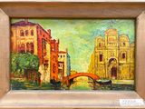 a picture of a painting of a bridge over a river
