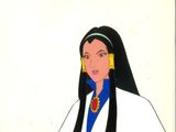 an animation drawing of a woman with long black hair wearing a blue and white dress