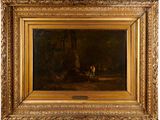 une peinture à l'huile représentant un homme et un chien dans un décor boisé