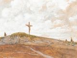 a painting of a cross on a hill with a sky background