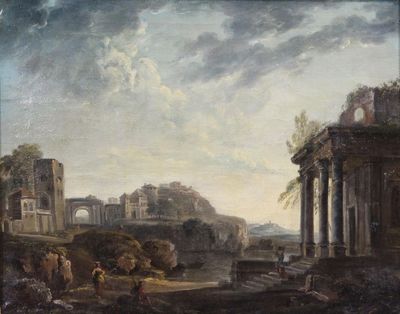painting of a landscape with ruins and people in the foreground
