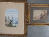 deux tableaux encadrés représentant des arbres et un paysage de montagne, dans un cadre doré
