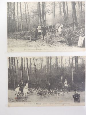 deux vieilles photos en noir et blanc représentant des personnes et des animaux dans les bois