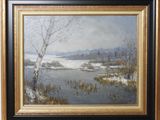 a painting of a snowy landscape with a river and trees